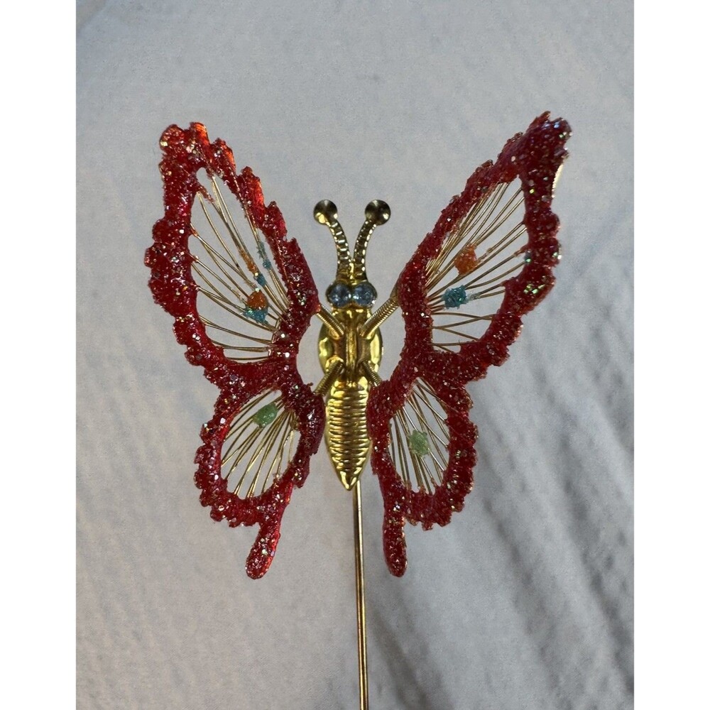 Vintage Red Butterfly Stick Pin Gold Tone Rhinestone Wire Wing Brooch